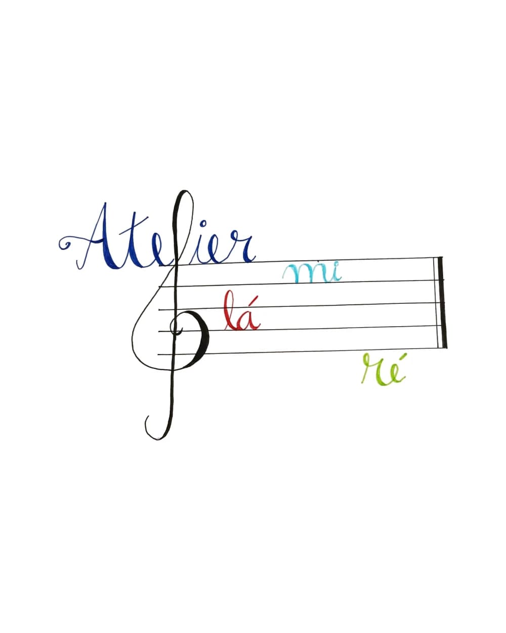 Atelier Lá Mi Ré logo: «Atelier» handwritten, with the notes lá, mi and ré on a stave and a treble clef