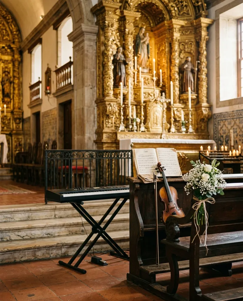 Keyboard and violin set up beside a church altar decorated with white flowers