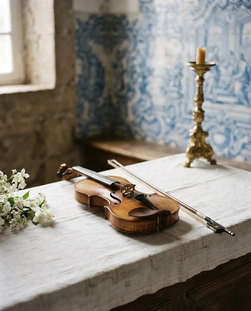 A violin resting on the white altar cloth of a chapel with blue tiles