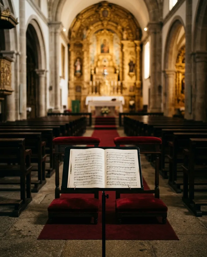 Sheet music on a stand in a church, red velvet kneelers in the background