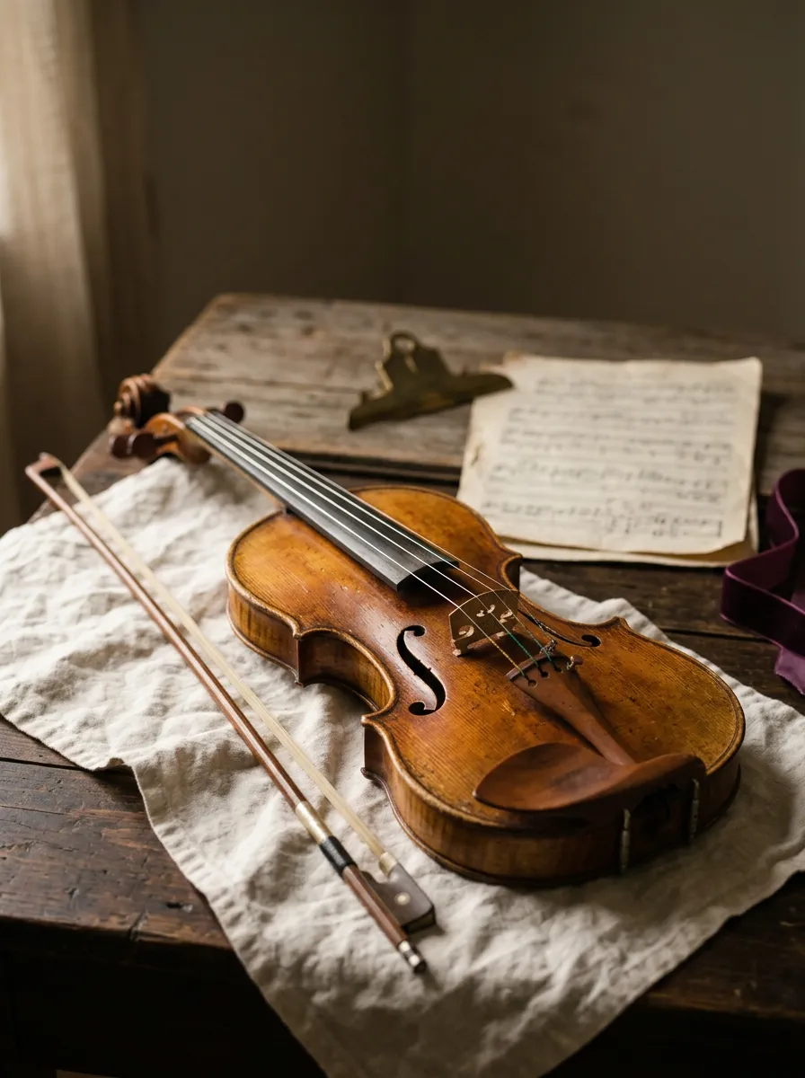 A violin and bow resting on an ivory cloth in warm window light