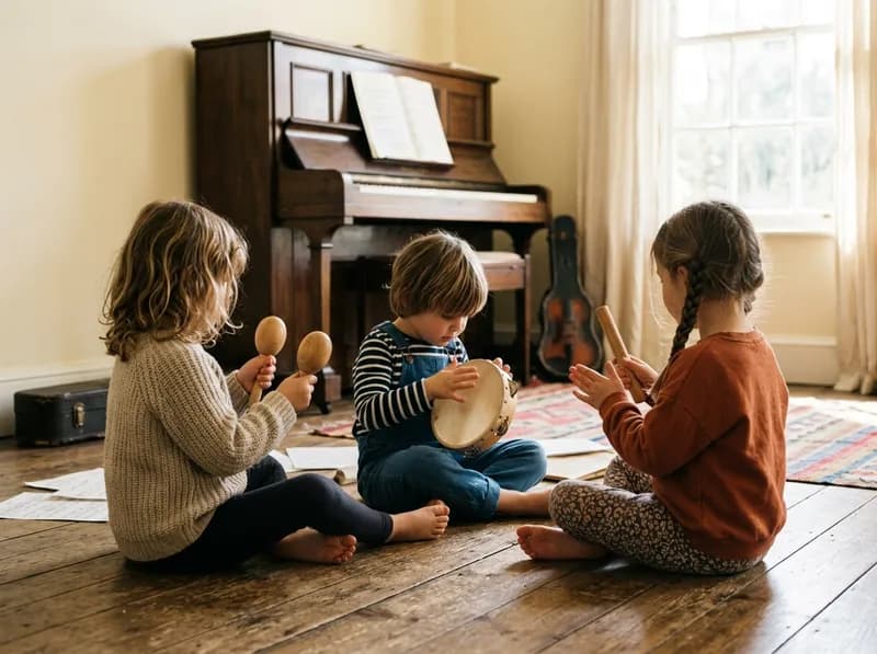 Small children playing hand percussion in a bright music room