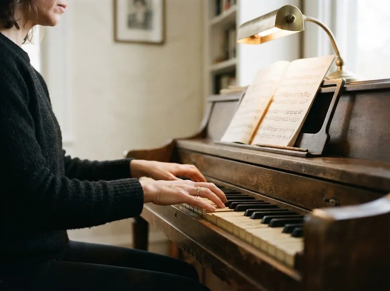 Hands on the keys of an upright piano with sheet music on the stand