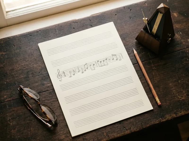 Handwritten notes on manuscript paper next to a pencil and a metronome