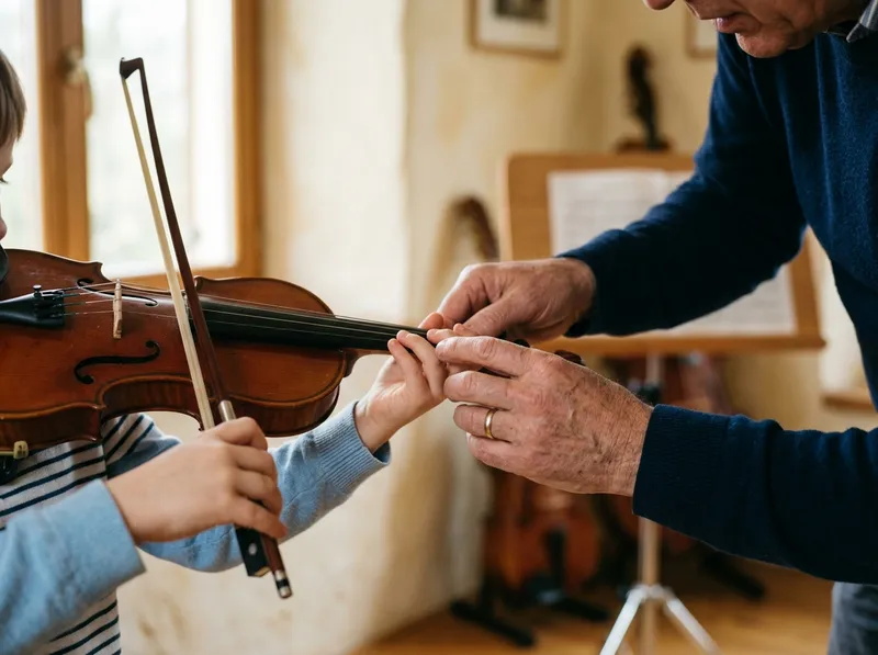 Close-up of a child's hands learning a bow hold on a small violin